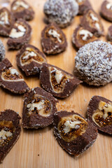 Delicious chocolate balls with fig and walnut.