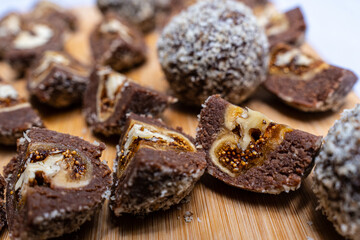 Delicious chocolate balls with fig and walnut.