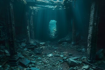 Underwater Ancient Ruins Exploration - Mysterious Submerged Corridor for Fantasy and Adventure Themes