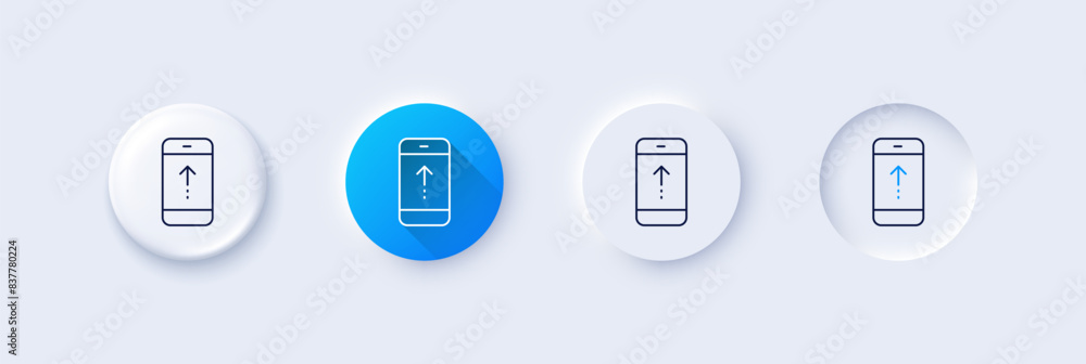 Poster swipe up phone line icon. neumorphic, blue gradient, 3d pin buttons. scrolling arrow sign. landing p