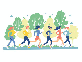 Group diverse people jogging together through park, trees nature, healthy lifestyle, exercise. Women wearing activewear running, outdoor fitness, community, recreational activity. Colorful park
