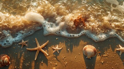 Golden seaside with starfish and sea foam - Powered by Adobe