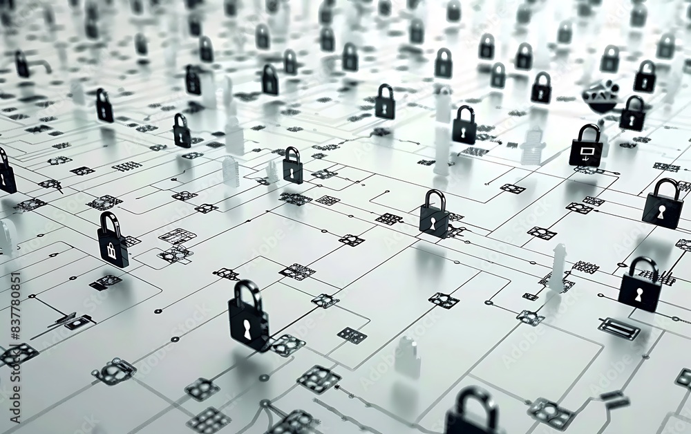 Aufkleber service concept to prevent hacking of many connected networks,padlock,cyber security technology