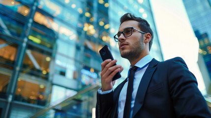 Young business man sending a vocal message with his smartphone