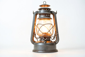 Antique Kerosene Lantern with Warm Glow on a White Background