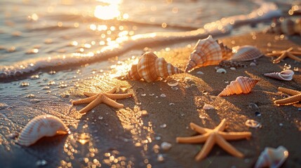 Shells and starfish at golden sunset
