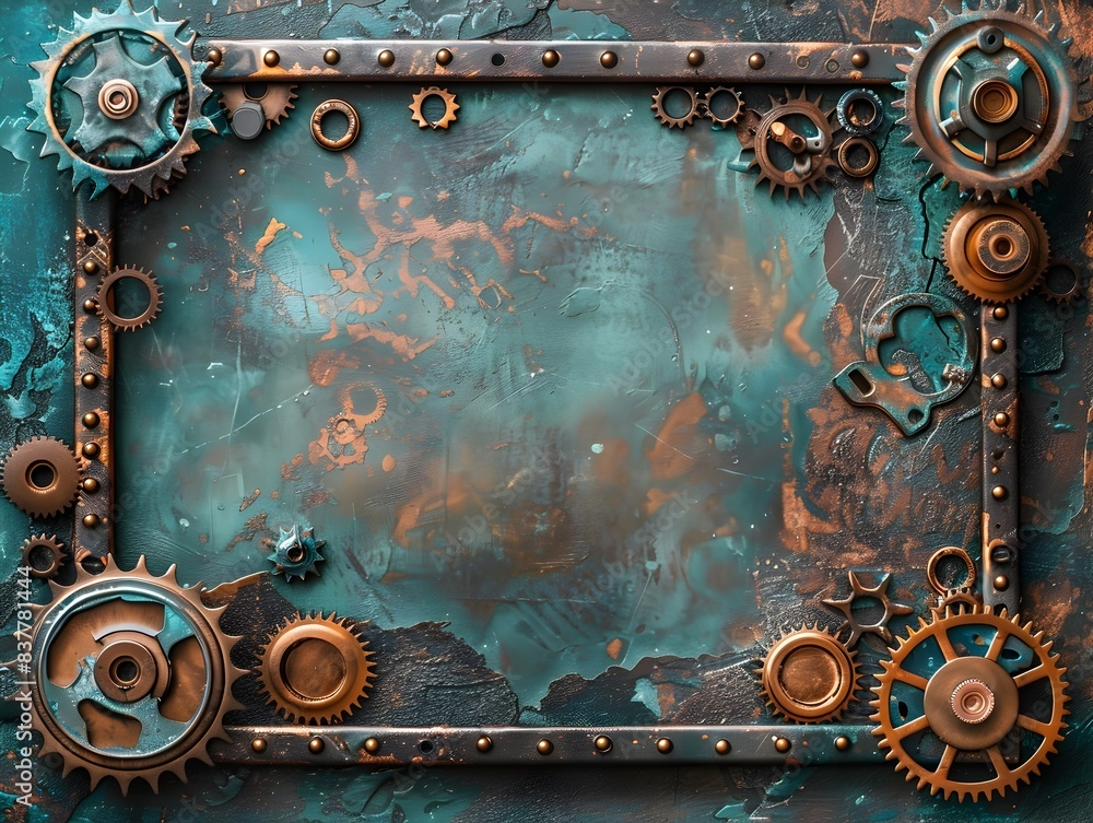 Poster steampunk inspired industrial frame with gears cogs and rusty textures