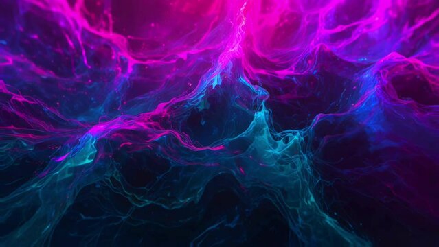 Cosmic Energy Network of Blue and Purple Wave Interactions Winding on a Dark Background, Revealing the Mysteries of the Astral Dimension. Abstract background of smoke, liquid, electric energy. 4K