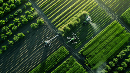 A Smart Farm with Automated Tractors and Drone Surveillance Over Lush Green Fields, Showcasing Advanced Agricultural Technology