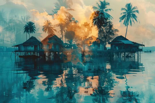 Pacific Islander village, stilt houses, turquoise lagoon close up, focus on, copy space Double exposure silhouette with island paradise