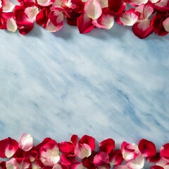 Flower frame. Blue marble flat surface copyspace with border of red rose flower petals. AI generated image.