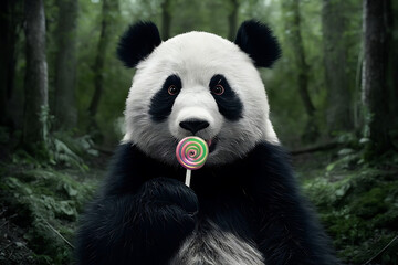 Obraz premium giant panda eating loolypop