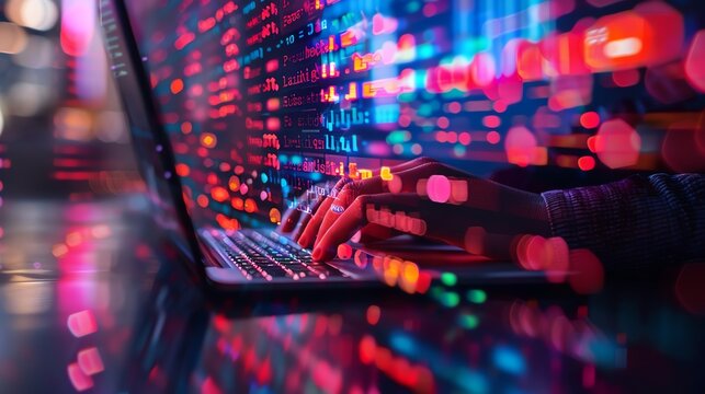 Close-up of hands typing on a laptop keyboard with colorful code reflections, highlighting the concepts of coding, technology, and data analysis.