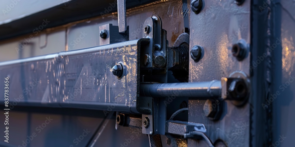 Poster Detail of boarding bridge door mechanism, high detail, dusk light, no people 