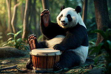 Obraz premium panda beating drum