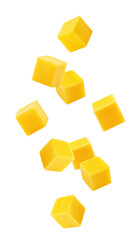 Falling Mango cube isolated on white background, full depth of field