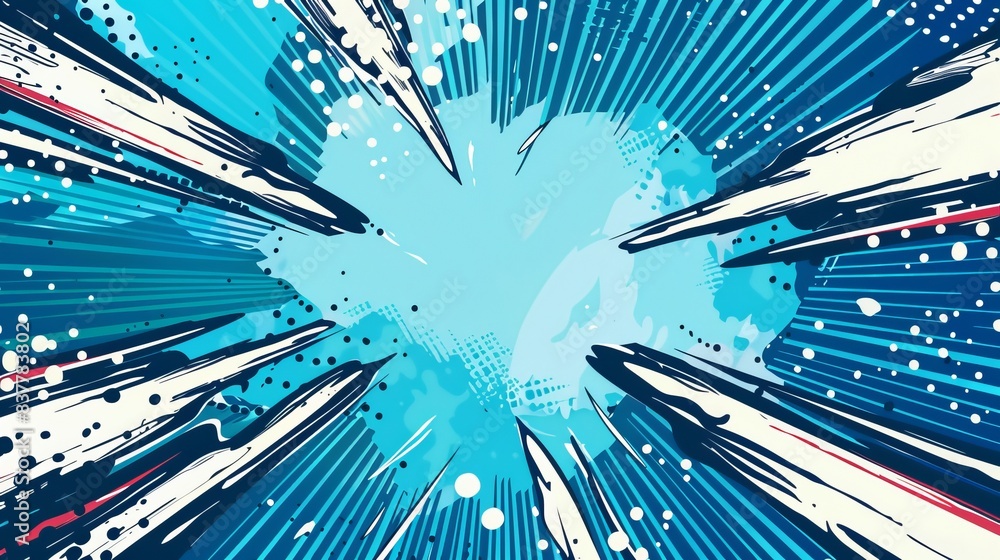 Poster image of a comics like page layout background with action speed effects and halftone dots