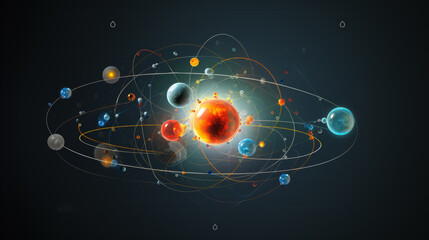 Obraz premium Abstract scientific drawed diagram with many connected spheres in orange yellow and lightblue color and darkblue gradient as a background
