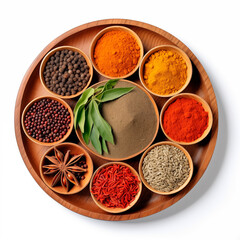 Indian cooking spices on a large brown plate on a white background
