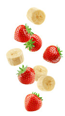 Falling Banana and Strawberry isolated on white background, full depth of field © grey
