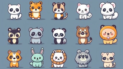 Obraz premium This cute cartoon set includes pandas, tigers, cats, rabbits, sloths, pugs, lions, zebras and koalas.