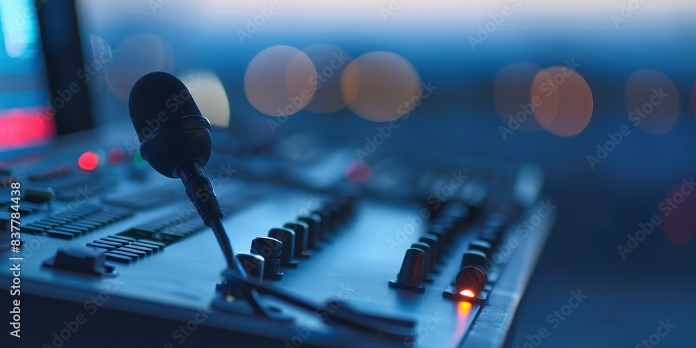 Canvas Prints microphone at air traffic control desk, sharp focus, dusk light, no humans