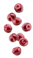 Falling cherry isolated on white background, full depth of field