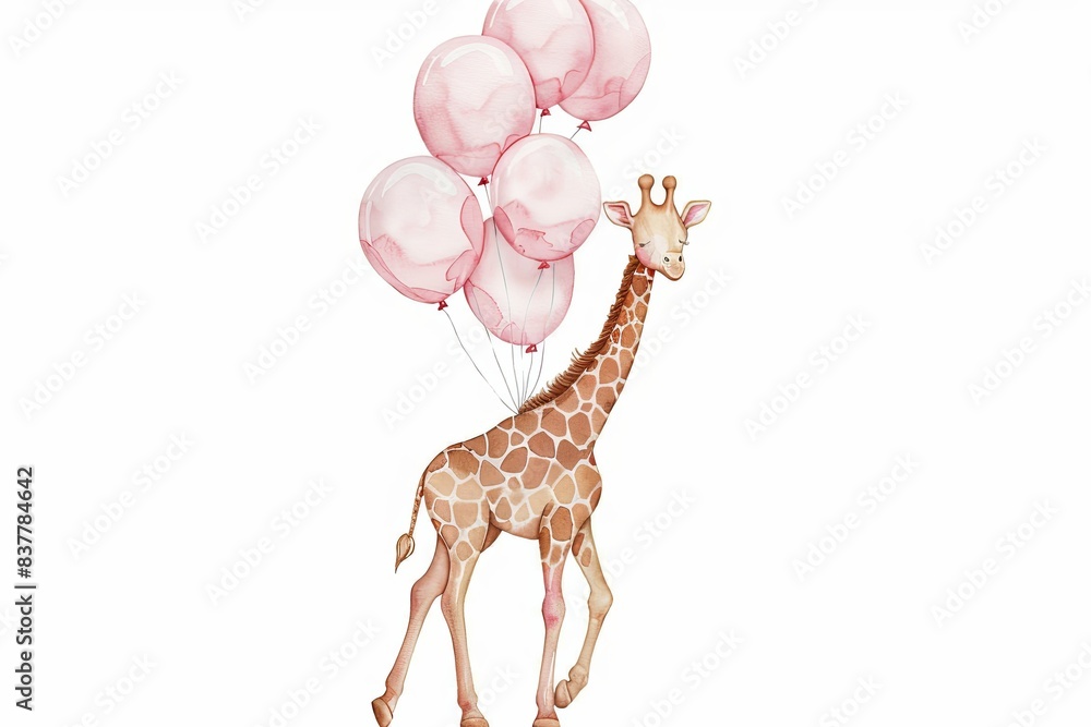 Canvas Prints Watercolor Clipart Cute Nursery Giraffe Floating from a Pack of Pink Balloons