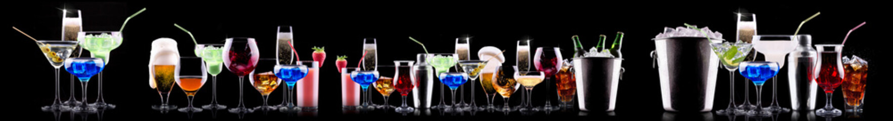 Different alcohol cocktails like beer, martini, soda, champagne, whiskey