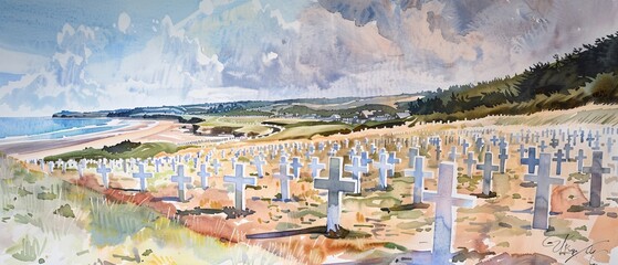 Obraz premium Serene Watercolor Painting of Normandy American Cemetery with White Crosses and Beach Landscape in Background