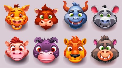 Obraz premium Cartoon animal faces in modern format. For children's books, cards, stickers, prints and illustrations.