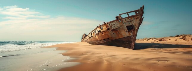 Ancient shipwreck partially buried in the sand on a deserted beach generated by AI