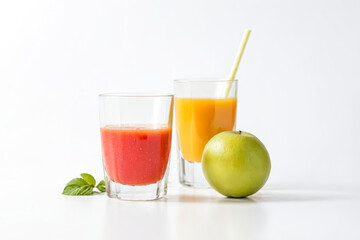 Glass of Tomato Juice with a Green Apple and Orange Juice in the Background