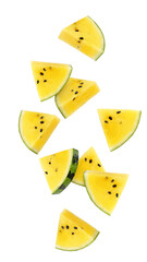 Falling yellow watermelon isolated on white background, full depth of field