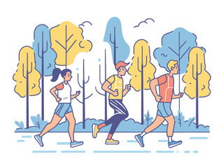 Three individuals jogging through park, surrounded trees nature. Men woman exercising together, all wearing athletic gear running shoes. Pastel colors dominate vibrant vector illustration outdoor