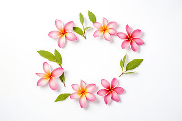 Pink Plumeria Flowers and Green Leaves Circle on White Background