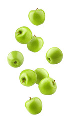 Falling green juicy apple isolated on white background, full depth of field