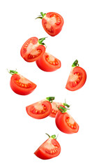 Falling tomato isolated on white background, full depth of field