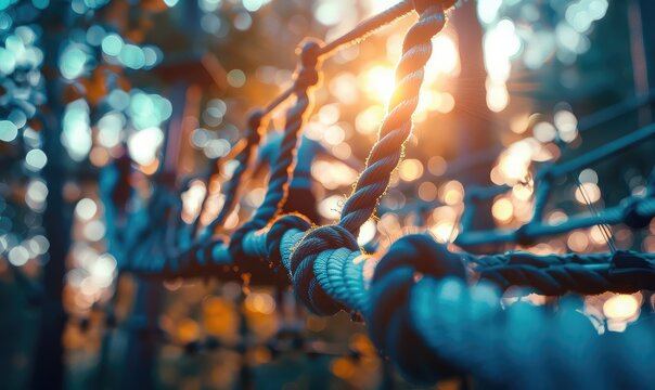 Ropes course in adventure park, close up, focus on, copy space, bright tones, Double exposure silhouette with daring obstacles