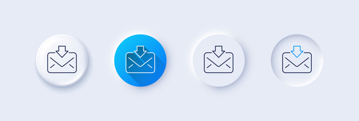 Mail download line icon. Neumorphic, Blue gradient, 3d pin buttons. Incoming Messages correspondence sign. E-mail symbol. Line icons. Neumorphic buttons with outline signs. Vector