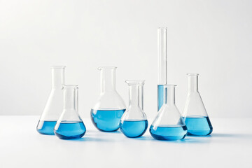 Blue Liquid in Glass Flasks and Test Tubes on White Background