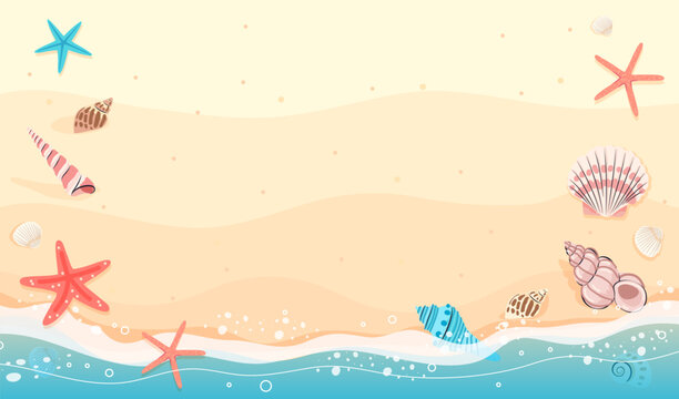 Beautiful sandy beach and seashells with copy space vector illustration. Summer beach background
