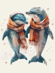 Two dolphins wearing cozy scarves in a charming illustration, perfect for winter-themed decor or holiday greeting cards.