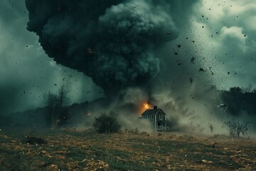 Obraz premium AI generated illustration of a dark cloud emitting smoke in a field