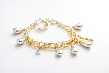 Gold Chain Bracelet with Pearl Charms on White Background