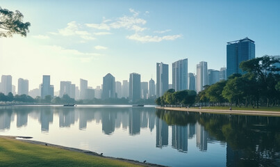 Obraz premium Serene Urban Skyline Reflected in Lake