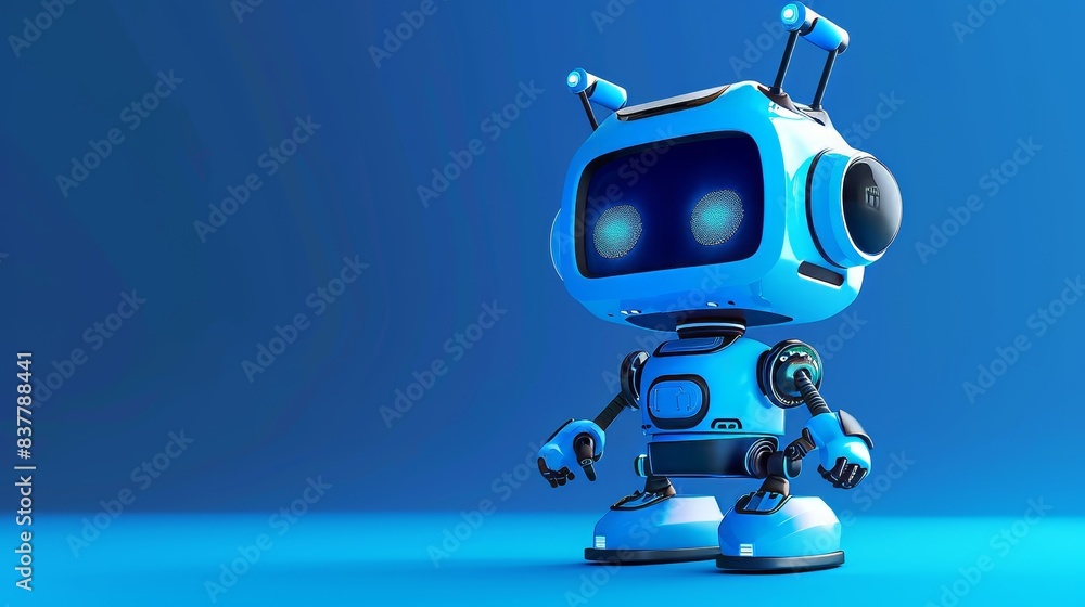 Poster this little 3d metal robot is isolated on a blue background. the concept of robotics and technology 