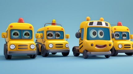 The yellow school bus 3D character set is a funny cartoon.