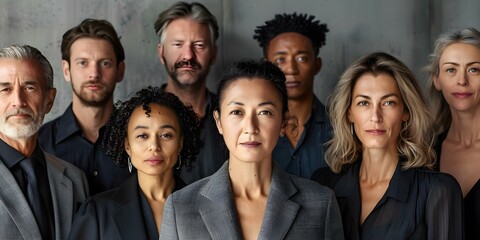 Fototapeta premium Diverse group standing in a row facing camera with neutral expressions. Concept Group Portrait, Diversity, Neutral Expressions, Standing in a Row, Facing Camera