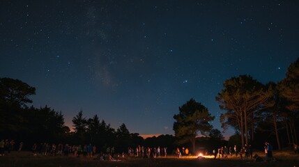 Group of People Enjoying Bonfire Under Starry Night Sky in Forest Clearing